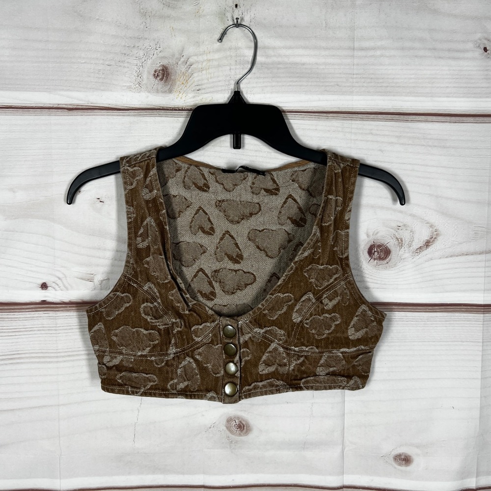 Cider Heart Print Crop Vest Womens Small Brown Button Front‎ Sleeveless V-Neck